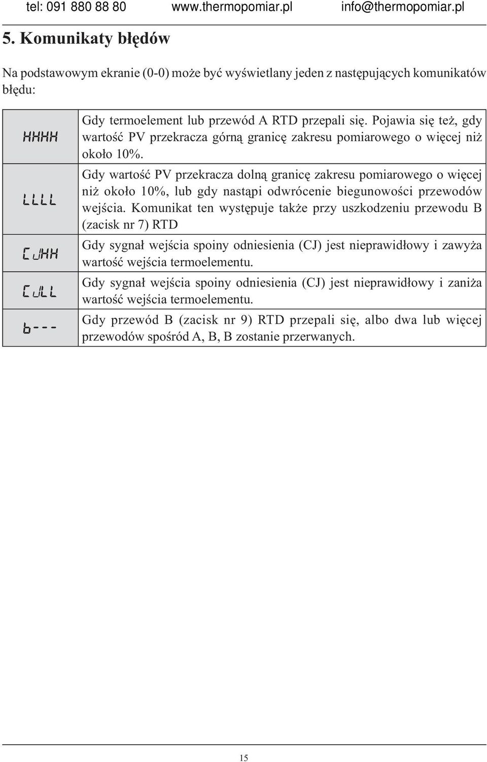 Gdy wartość PV przekracza dolną granicę zakresu pomiarowego o więcej niż około 10%, lub gdy nastąpi odwrócenie biegunowości przewodów wejścia.