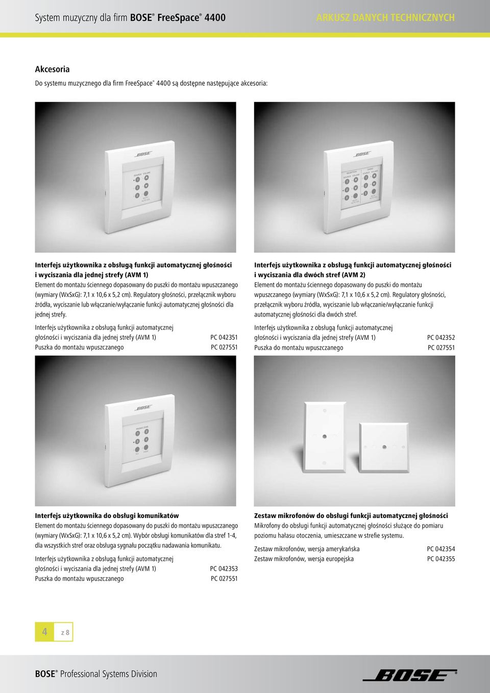 głośności i wyciszania dla jednej strefy (AVM 1) PC 042351 Puszka do montażu wpuszczanego PC 027551 głośności i wyciszania dla dwóch stref (AVM 2) Element do montażu ściennego dopasowany do puszki do