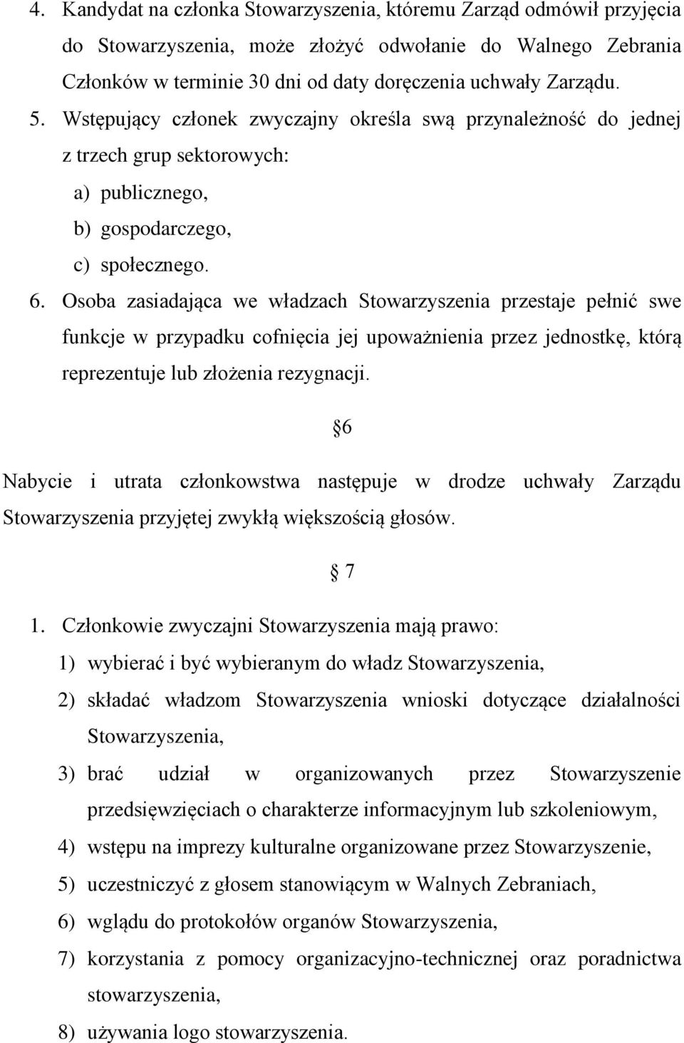 Osoba zasiadająca we władzach Stowarzyszenia przestaje pełnić swe funkcje w przypadku cofnięcia jej upoważnienia przez jednostkę, którą reprezentuje lub złożenia rezygnacji.