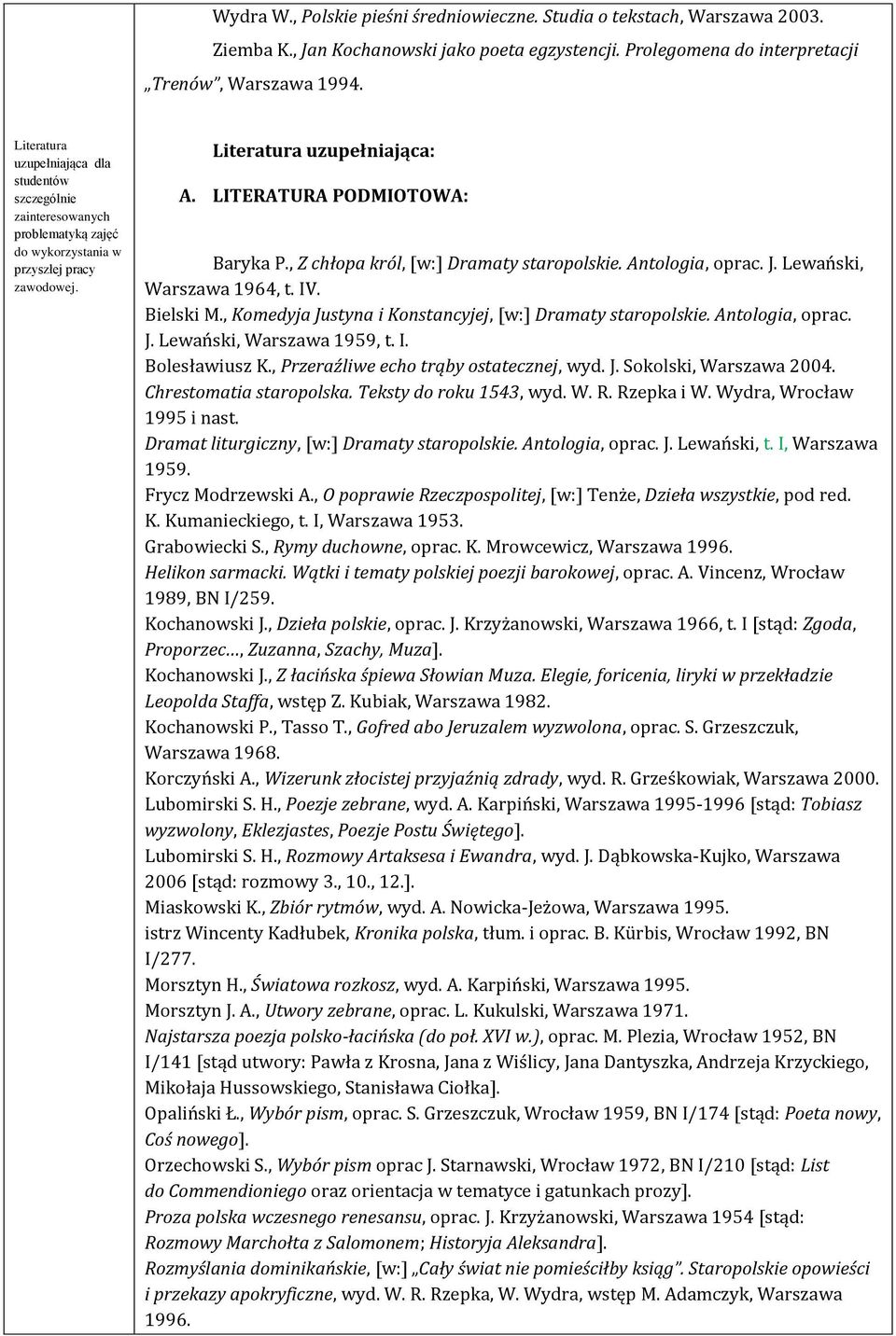 , Z chłopa król, [w:] Dramaty staropolskie. Antologia, oprac. J. Lewański, Warszawa 1964, t. IV. Bielski M., Komedyja Justyna i Konstancyjej, [w:] Dramaty staropolskie. Antologia, oprac. J. Lewański, Warszawa 1959, t.