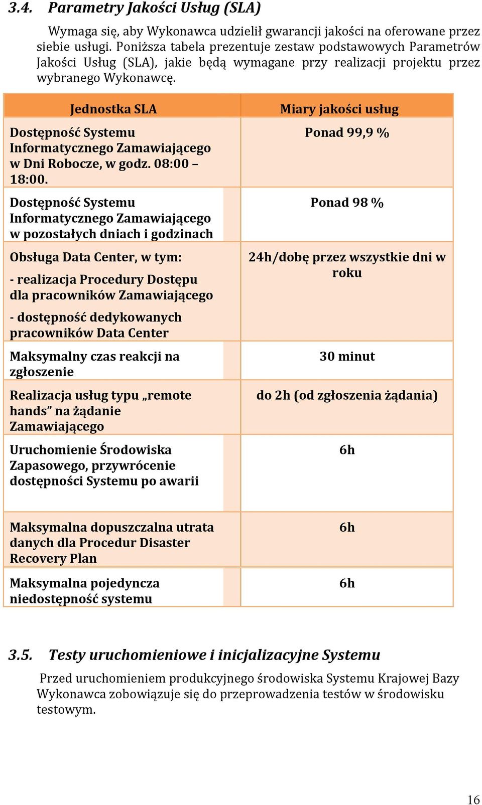 Jednostka SLA Dostępność Systemu Informatycznego Zamawiającego w Dni Robocze, w godz. 08:00 18:00.