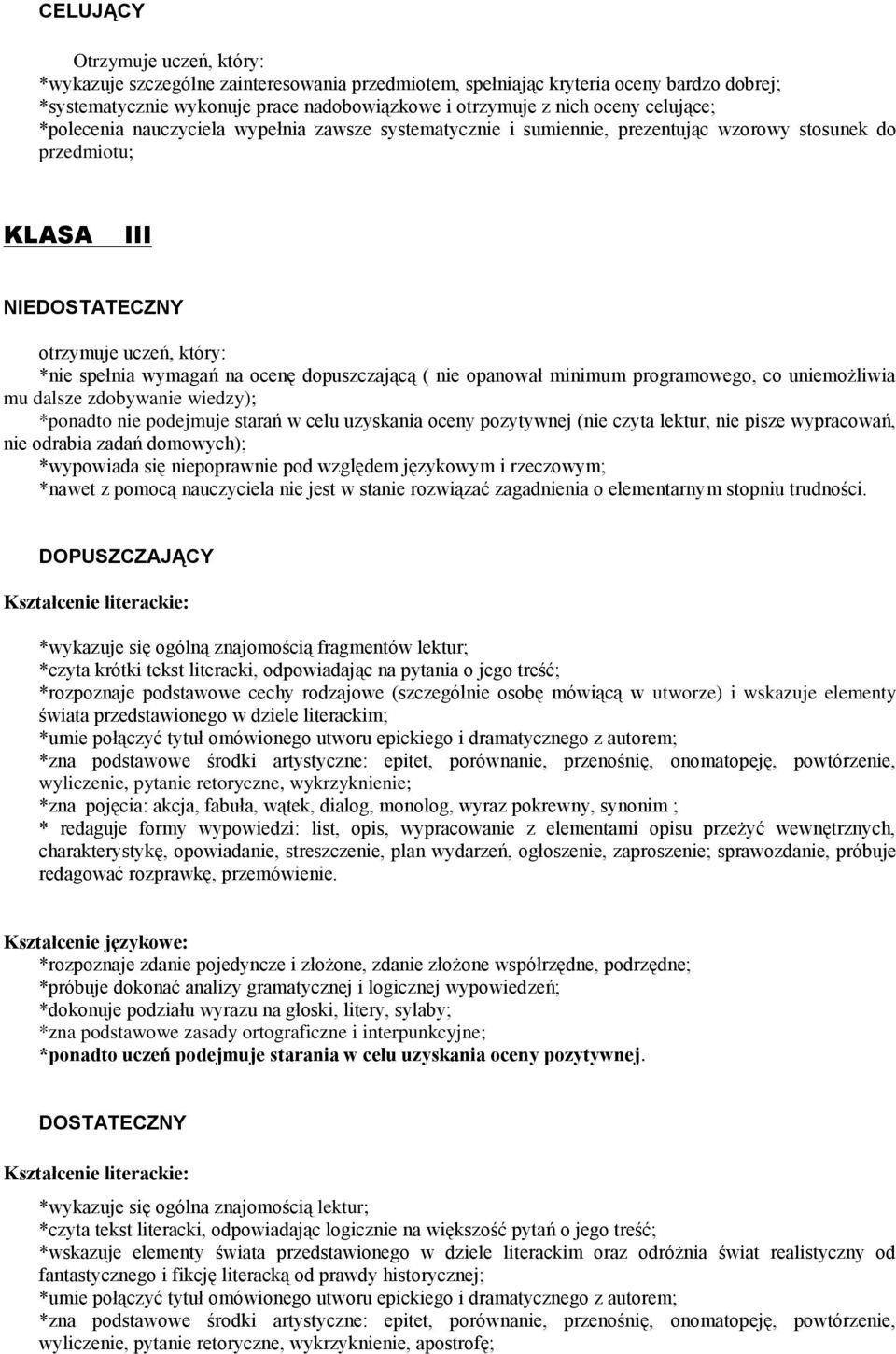 dopuszczającą ( nie opanował minimum programowego, co uniemożliwia mu dalsze zdobywanie wiedzy); *ponadto nie podejmuje starań w celu uzyskania oceny pozytywnej (nie czyta lektur, nie pisze