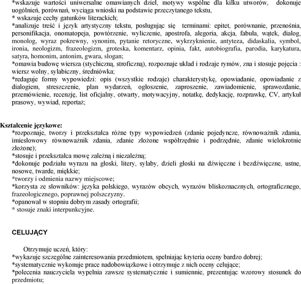 fabuła, wątek, dialog, monolog, wyraz pokrewny, synonim, pytanie retoryczne, wykrzyknienie, antyteza, didaskalia, symbol, ironia, neologizm, frazeologizm, groteska, komentarz, opinia, fakt,