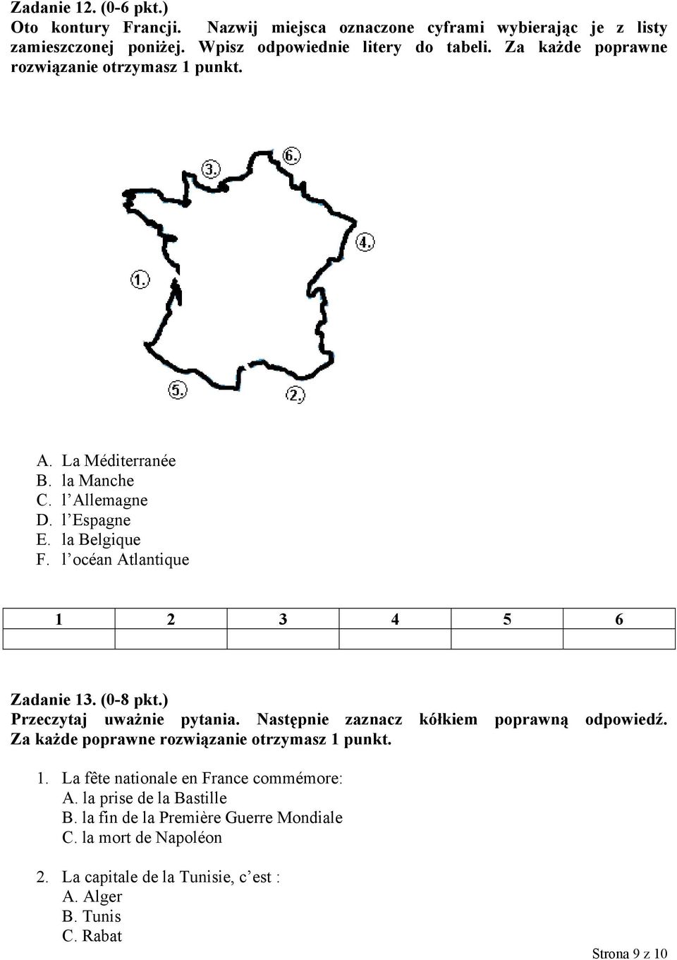 (0-8 pkt.) Przeczytaj uważnie pytania. Następnie zaznacz kółkiem poprawną odpowiedź. Za każde poprawne rozwiązanie otrzymasz 1 punkt. 1. La fête nationale en France commémore: A.