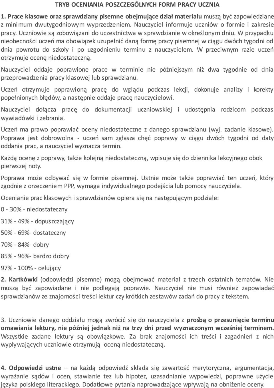 W przypadku nieobecności uczeń ma obowiązek uzupełnić daną formę pracy pisemnej w ciągu dwóch tygodni od dnia powrotu do szkoły i po uzgodnieniu terminu z nauczycielem.