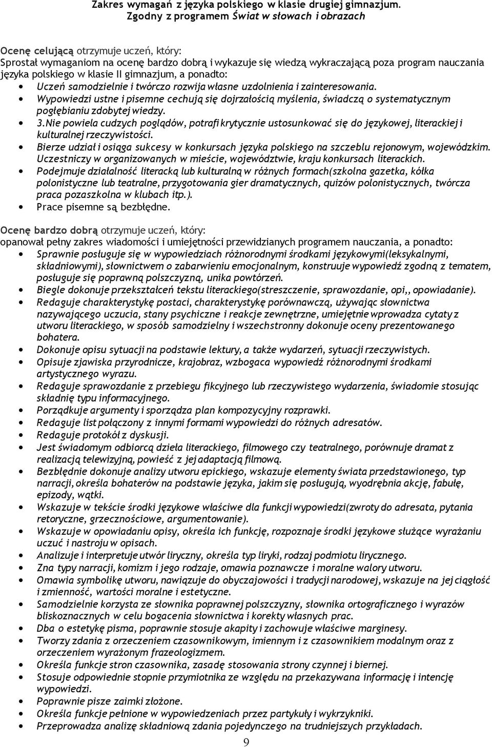 polskiego w klasie II gimnazjum, a ponadto: Uczeń samodzielnie i twórczo rozwija własne uzdolnienia i zainteresowania.