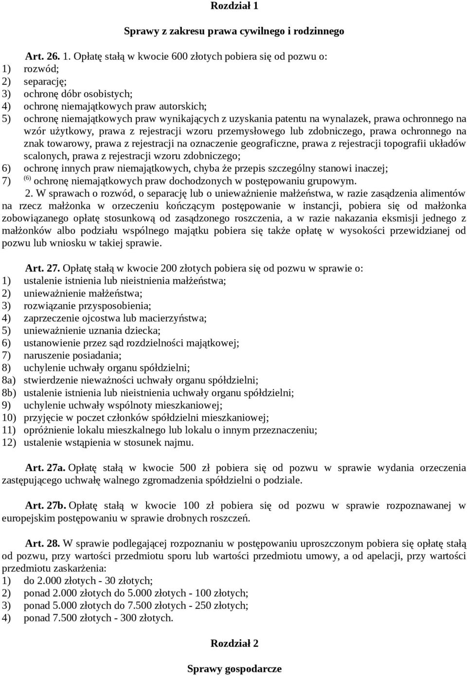 Opłatę stałą w kwocie 600 złotych pobiera się od pozwu o: 1) rozwód; 2) separację; 3) ochronę dóbr osobistych; 4) ochronę niemajątkowych praw autorskich; 5) ochronę niemajątkowych praw wynikających z