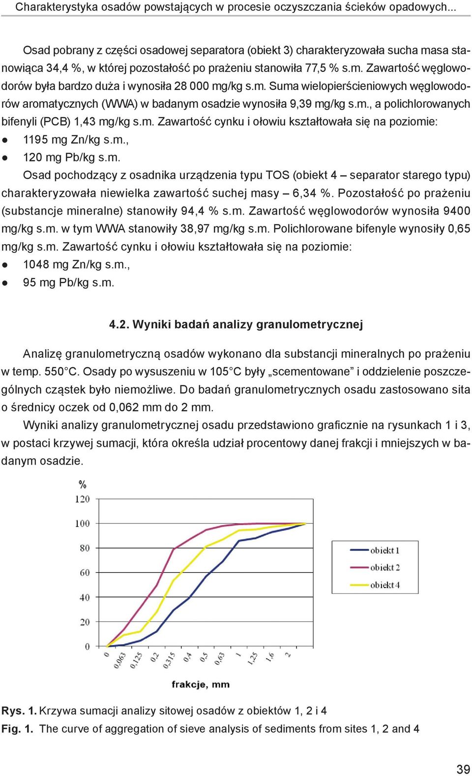 m. Suma wielopierścieniowych węglowodorów aromatycznych (WWA) w badanym osadzie wynosiła 9,39 mg/kg s.m., a polichlorowanych bifenyli (PCB) 1,43 mg/kg s.m. Zawartość cynku i ołowiu kształtowała się na poziomie: 1195 mg Zn/kg s.