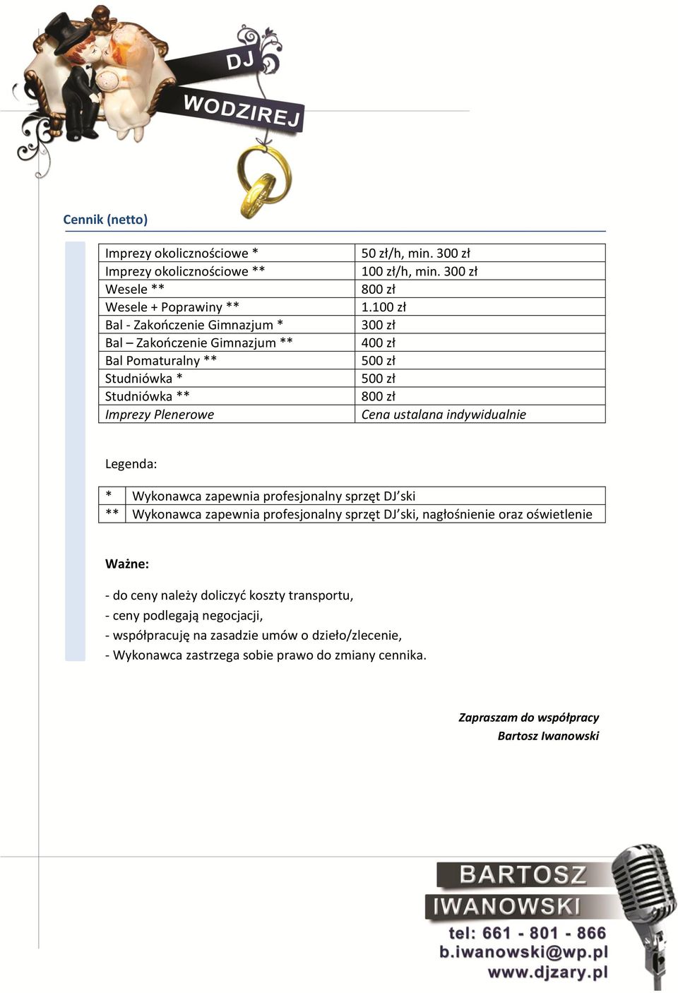 100 zł 300 zł 400 zł 500 zł 500 zł 800 zł Cena ustalana indywidualnie Legenda: * Wykonawca zapewnia profesjonalny sprzęt DJ ski ** Wykonawca zapewnia profesjonalny sprzęt DJ