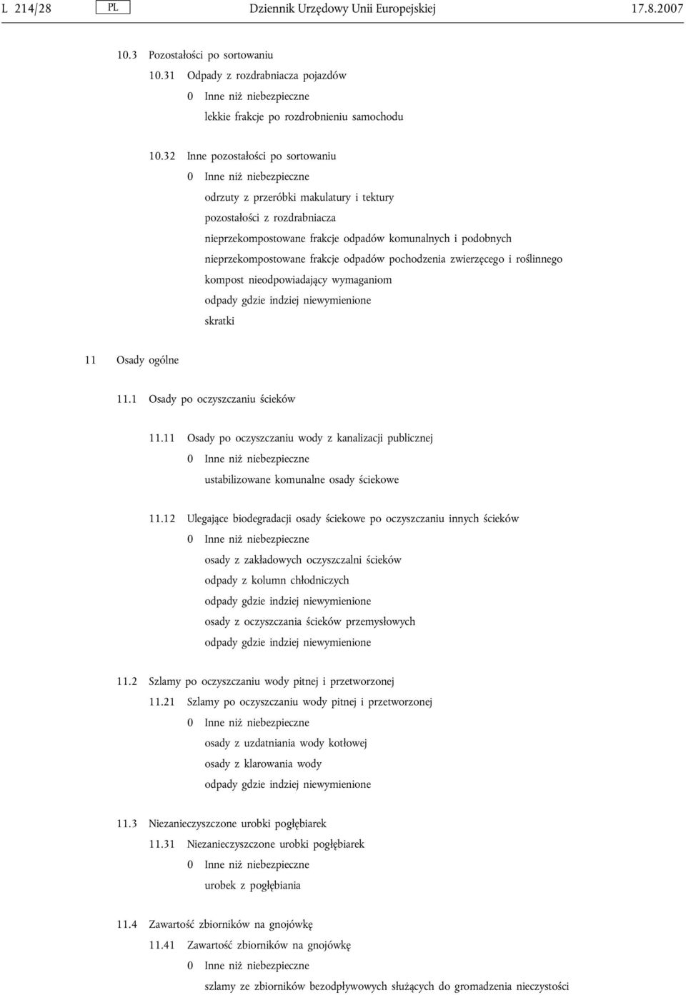 odpadów pochodzenia zwierzęcego i roślinnego kompost nieodpowiadający wymaganiom skratki 11 Osady ogólne 11.1 Osady po oczyszczaniu ścieków 11.