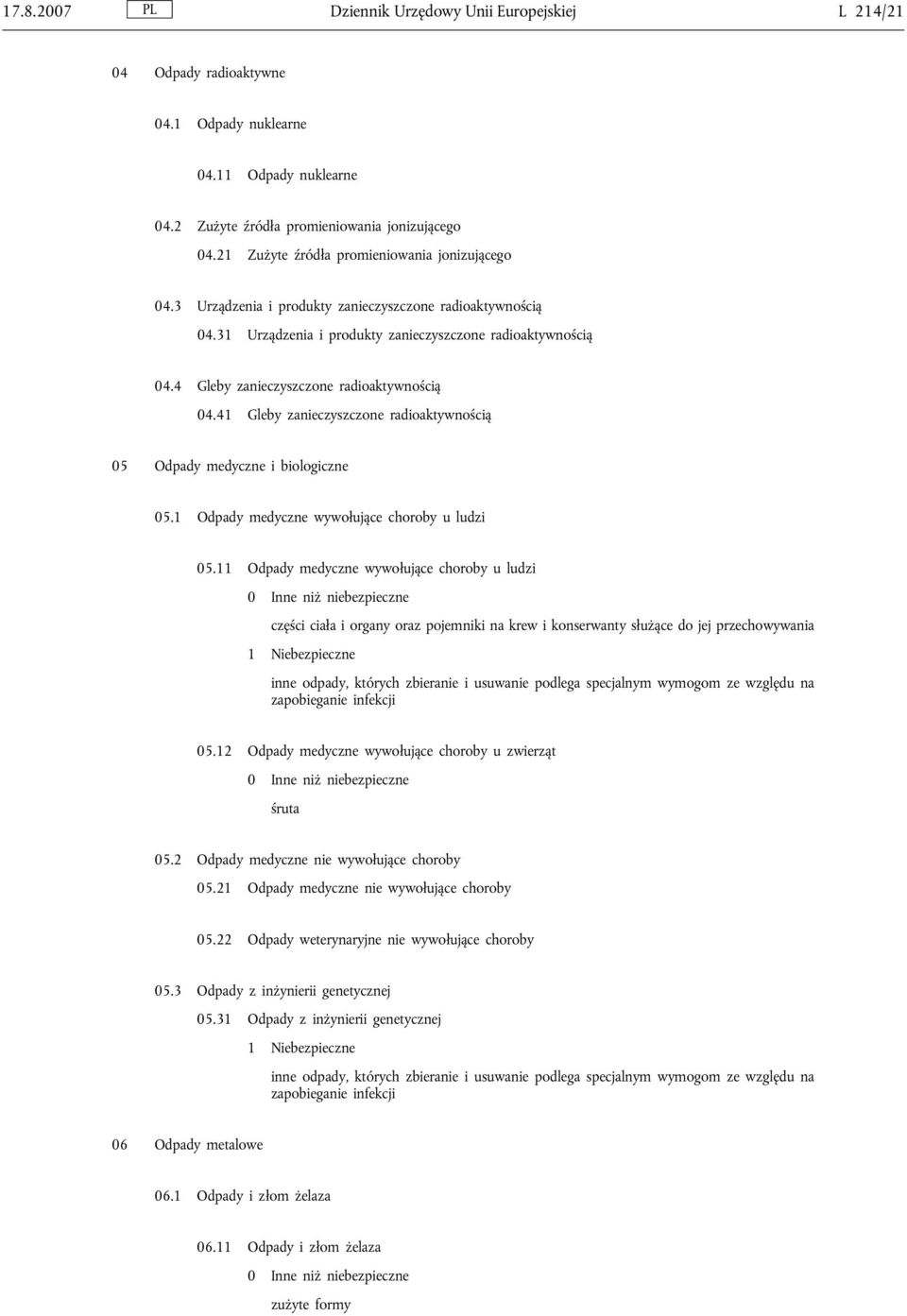 4 Gleby zanieczyszczone radioaktywnością 04.41 Gleby zanieczyszczone radioaktywnością 05 Odpady medyczne i biologiczne 05.1 Odpady medyczne wywołujące choroby u ludzi 05.