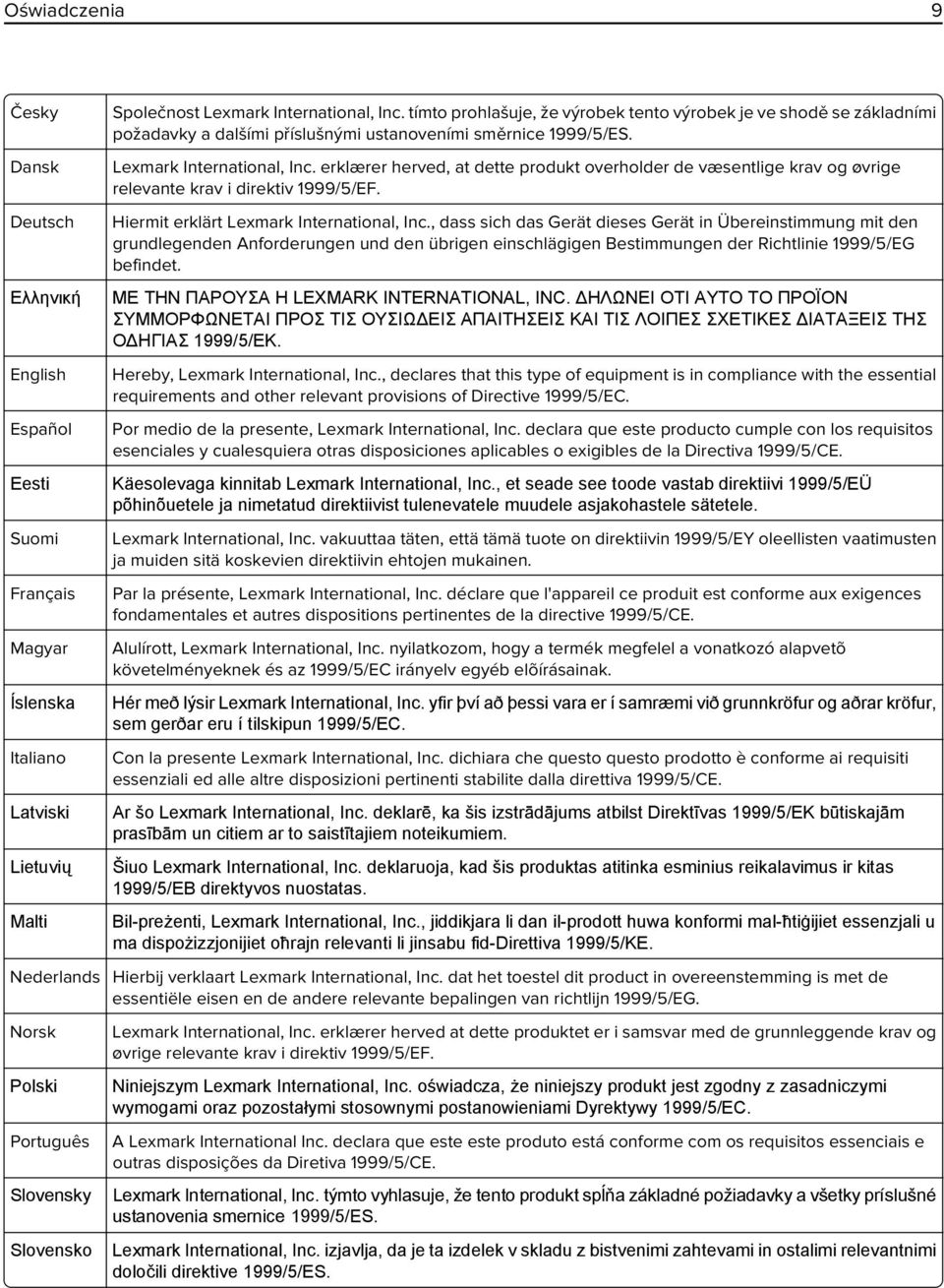erklærer herved, at dette produkt overholder de væsentlige krav og øvrige relevante krav i direktiv 1999/5/EF. Hiermit erklärt Lexmark International, Inc.