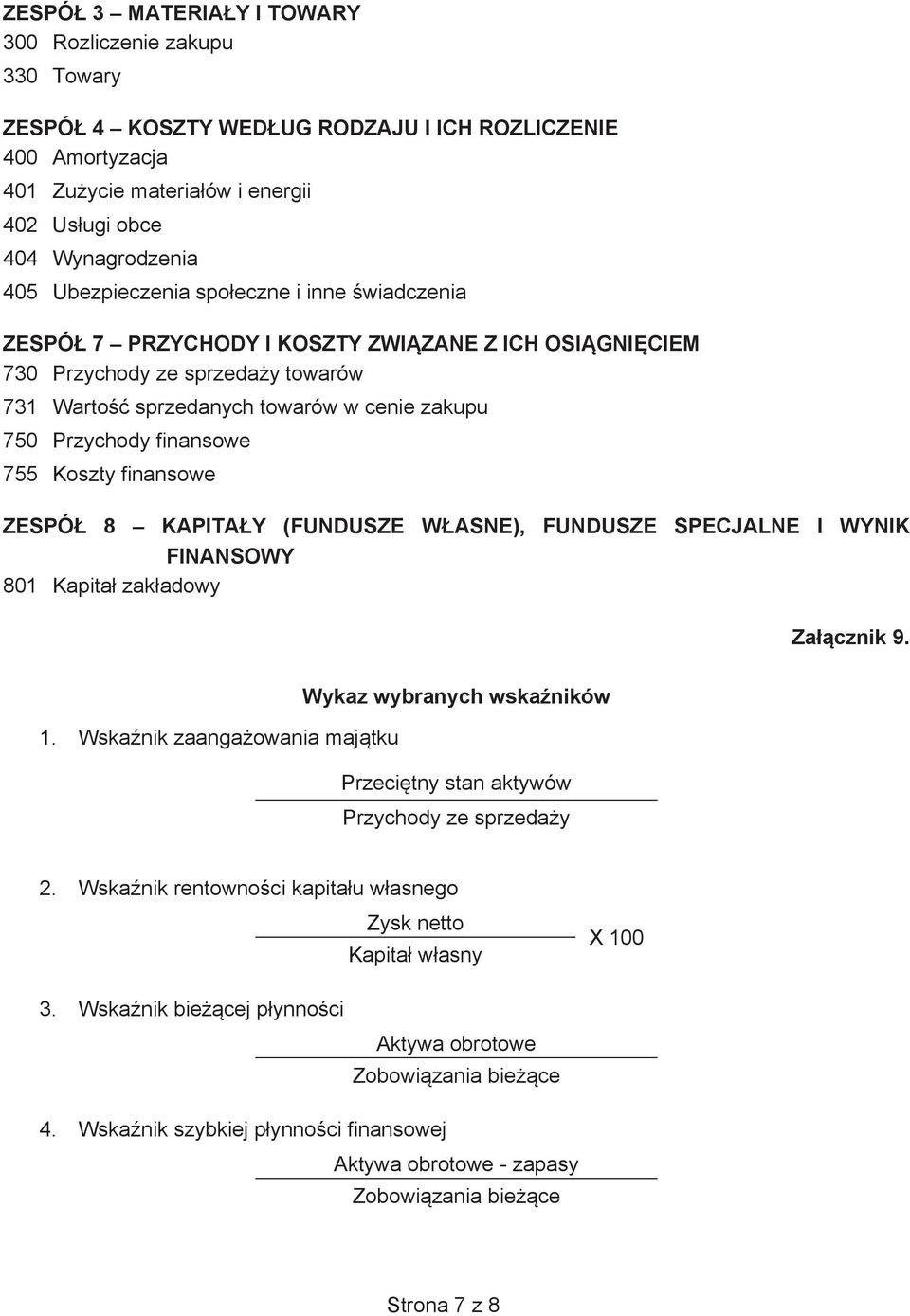 Koszty finansowe ZESPÓ 8 KAPITAY (FUNDUSZE WASNE), FUNDUSZE SPECJALNE I WYNIK FINANSOWY 801 Kapita zakadowy Zacznik 9. Wykaz wybranych wskaników 1.