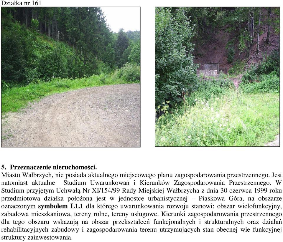 W Studium przyjętym Uchwałą Nr XI/154/99 Rady Miejskiej Wałbrzycha z dnia 30 czerwca 1999 roku przedmiotowa działka położona jest w jednostce urbanistycznej Piaskowa Góra, na obszarze oznaczonym