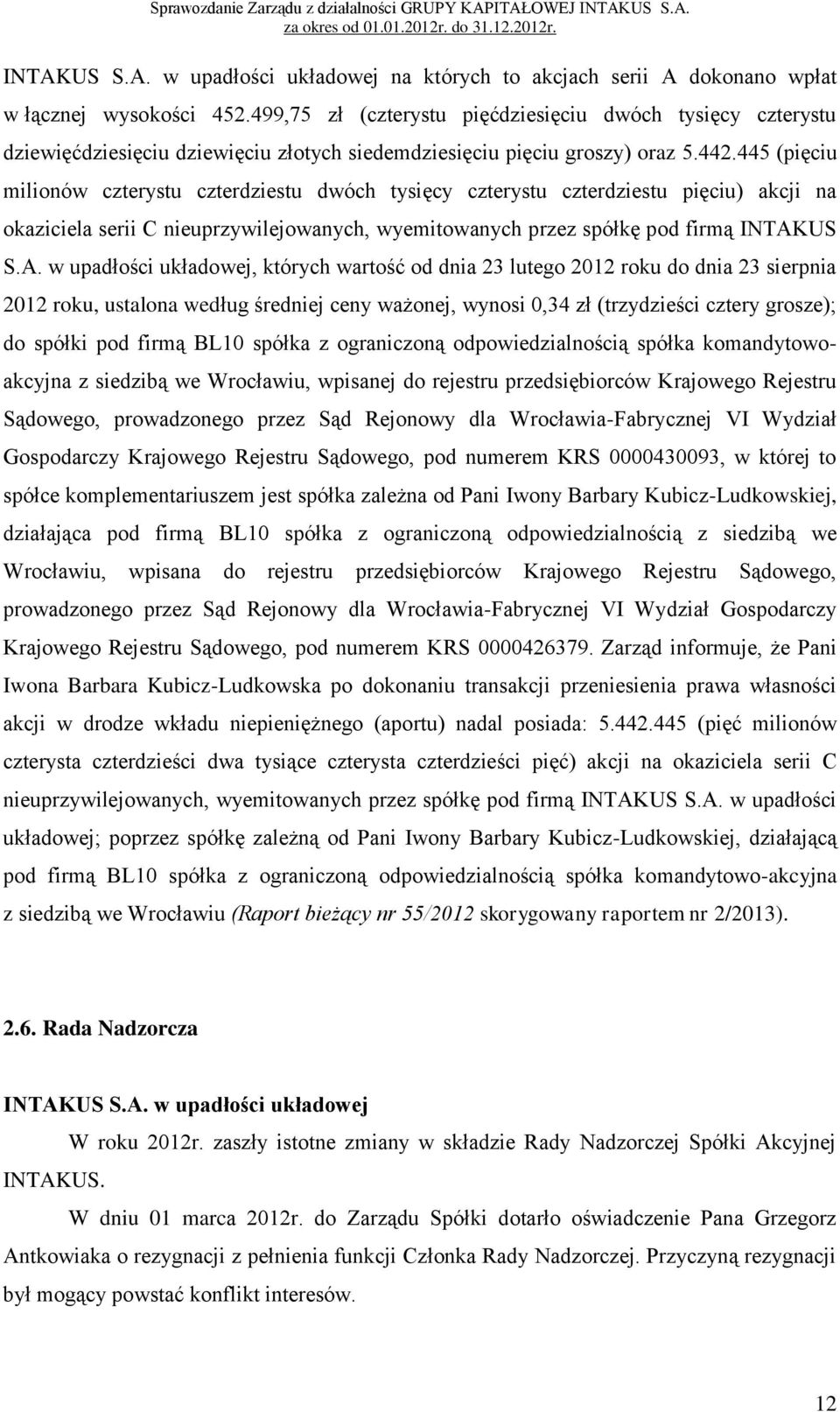 445 (pięciu milionów czterystu czterdziestu dwóch tysięcy czterystu czterdziestu pięciu) akcji na okaziciela serii C nieuprzywilejowanych, wyemitowanych przez spółkę pod firmą INTAK