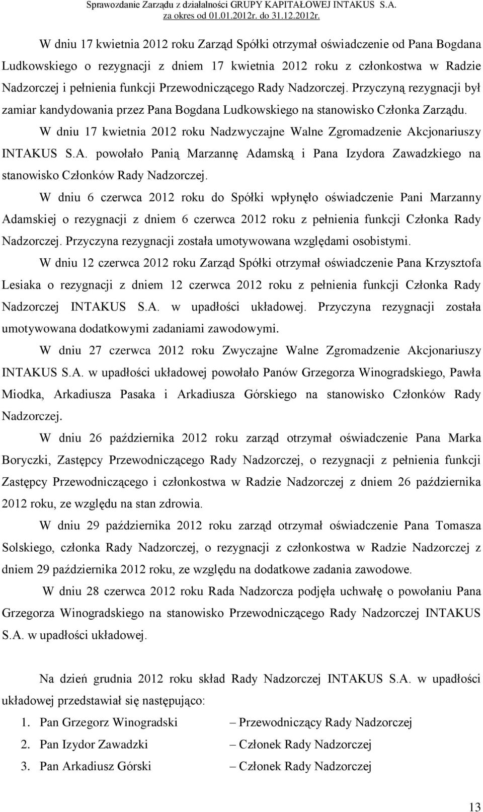 W dniu 17 kwietnia 2012 roku Nadzwyczajne Walne Zgromadzenie Akcjonariuszy INTAKUS S.A. powołało Panią Marzannę Adamską i Pana Izydora Zawadzkiego na stanowisko Członków Rady Nadzorczej.