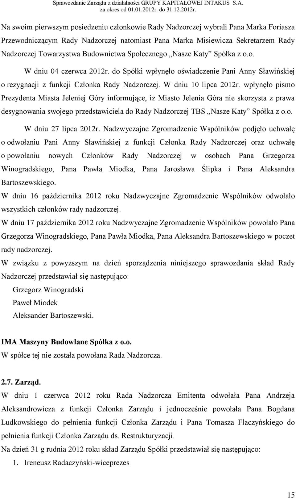 wpłynęło pismo Prezydenta Miasta Jeleniej Góry informujące, iż Miasto Jelenia Góra nie skorzysta z prawa desygnowania swojego przedstawiciela do Rady Nadzorczej TBS Nasze Katy Spółka z o.o. W dniu 27 lipca 2012r.