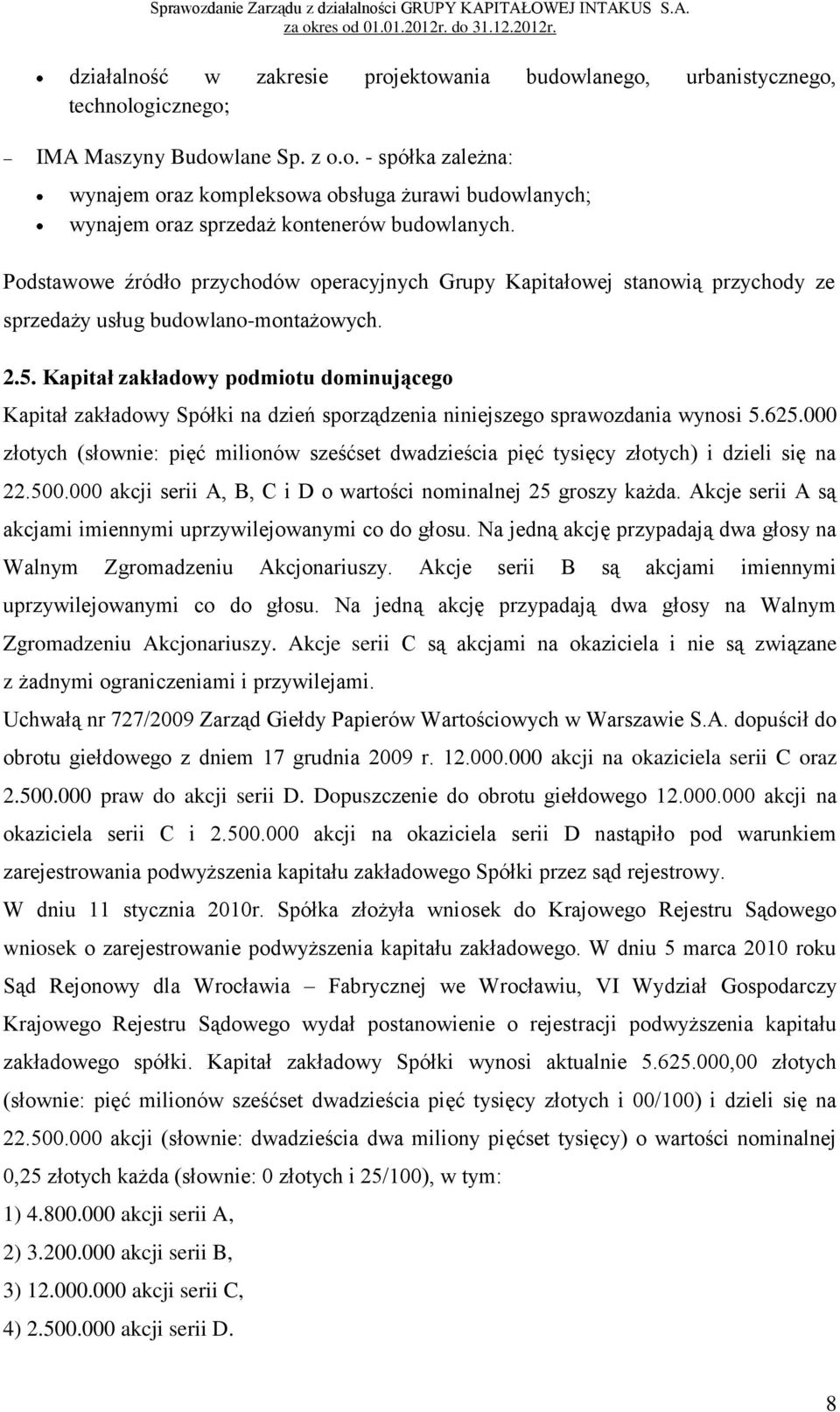 Kapitał zakładowy podmiotu dominującego Kapitał zakładowy Spółki na dzień sporządzenia niniejszego sprawozdania wynosi 5.625.