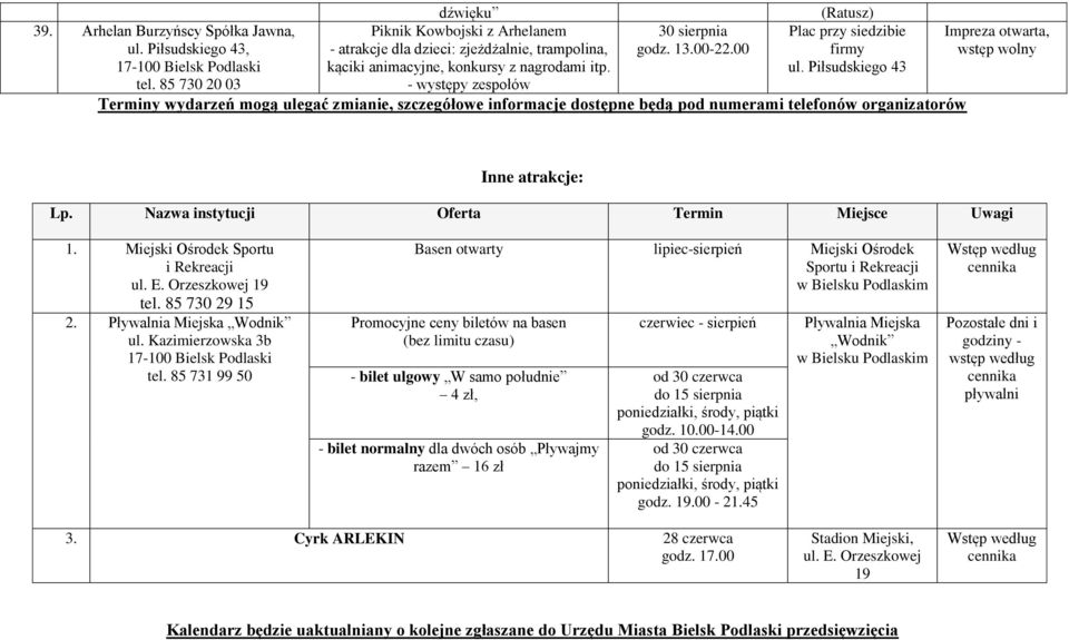 Arhelan Burzyńscy Spółka Jawna, ul. Piłsudskiego 43, Inne atrakcje: Lp. Nazwa instytucji Oferta Termin Miejsce Uwagi 1. Miejski Ośrodek Sportu 2. Pływalnia Miejska Wodnik ul. Kazimierzowska 3b tel.