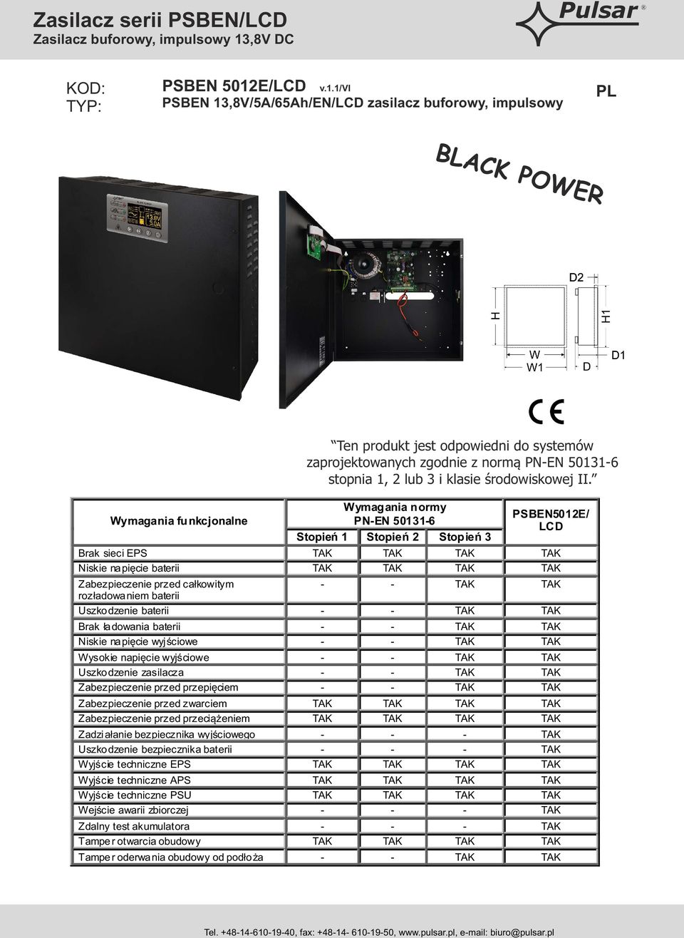 1/vi PSBEN 13,8V/5A/65Ah/EN/LCD zasilacz buforowy, impulsowy PL BLACK POWER Wymagania funkcjonalne Ten produkt jest odpowiedni do systemów zaprojektowanych zgodnie z normą PN-EN 50131-6 stopnia 1, 2