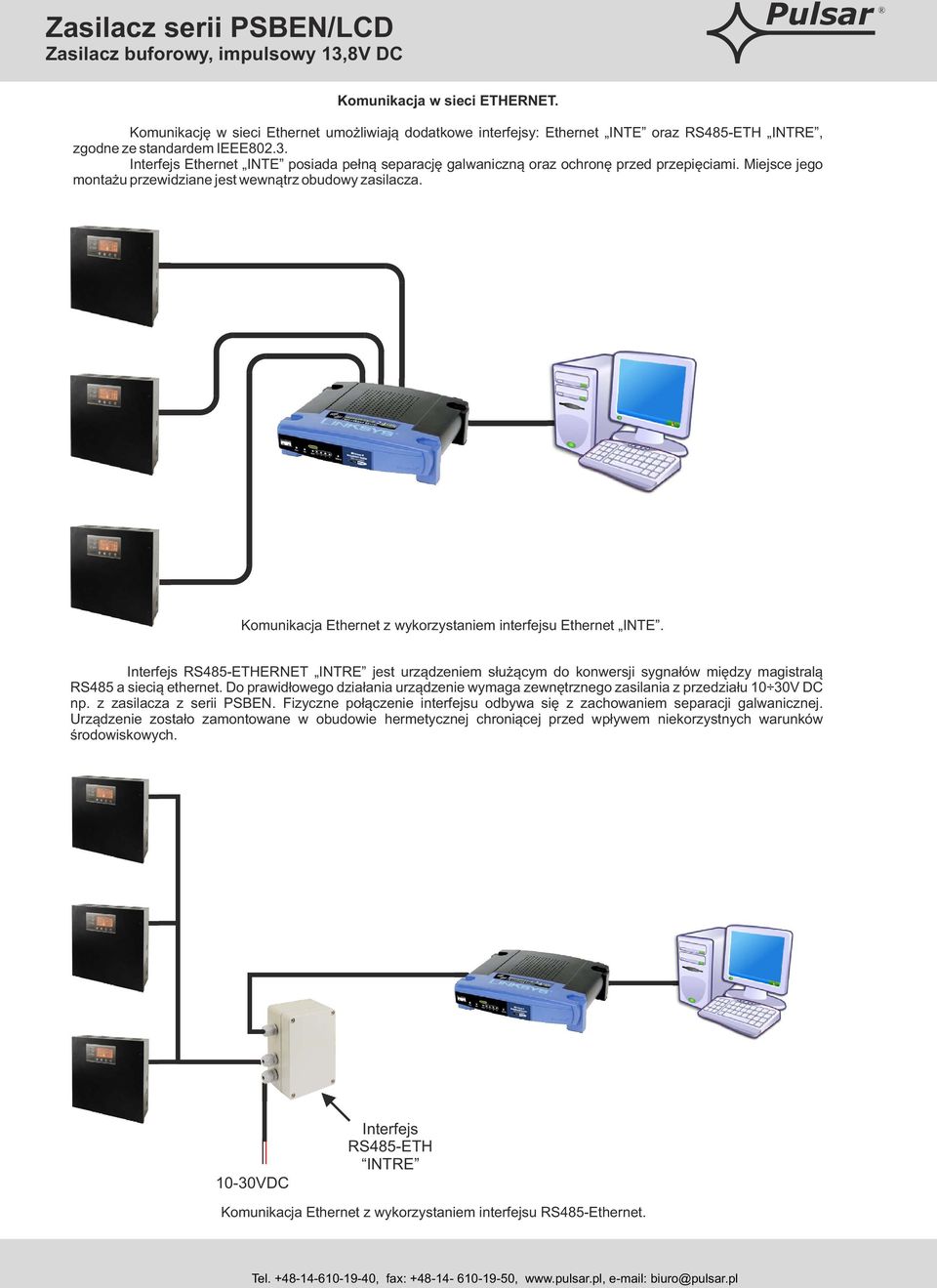 Komunikacja Ethernet z wykorzystaniem interfejsu Ethernet INTE. Interfejs RS485-ETHERNET INTRE jest urządzeniem służącym do konwersji sygnałów między magistralą RS485 a siecią ethernet.