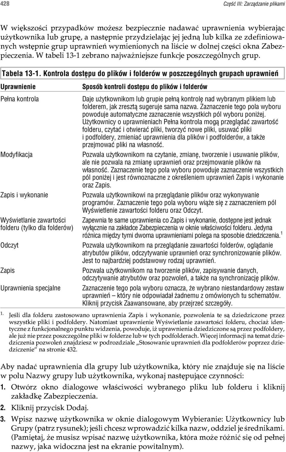 Kontrola dostêpu do plików i folderów w poszczególnych grupach uprawnieñ Uprawnienie Pe³na kontrola Modyfikacja Zapis i wykonanie Wyœwietlanie zawartoœci folderu (tylko dla folderów) Odczyt Zapis