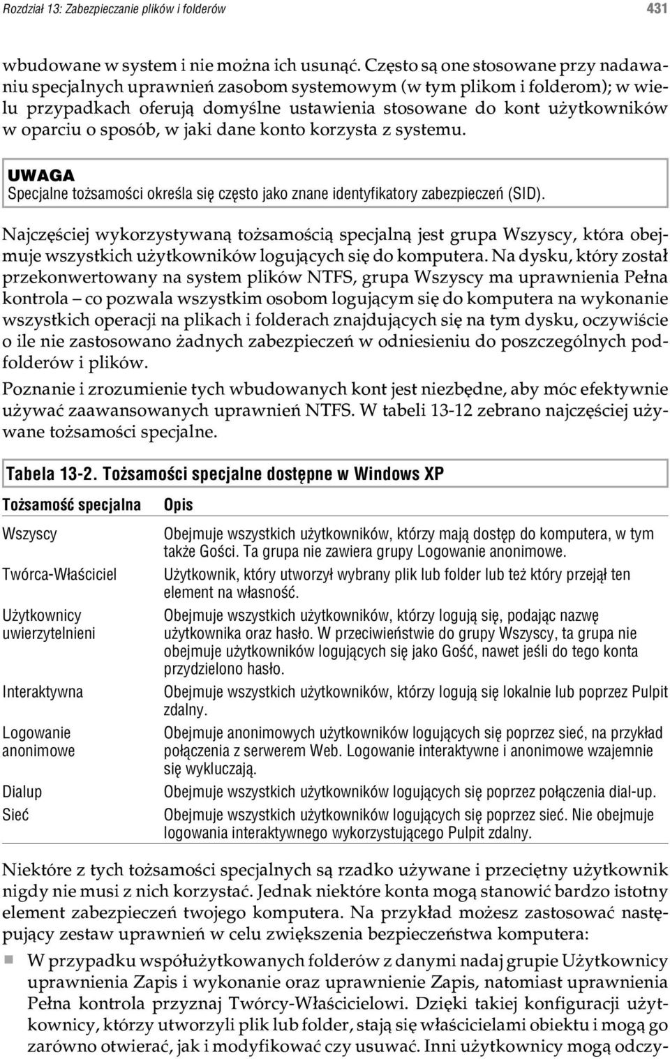 sposób, w jaki dane konto korzysta z systemu. UWAGA Specjalne to samoœci okreœla siê czêsto jako znane identyfikatory zabezpieczeñ (SID).