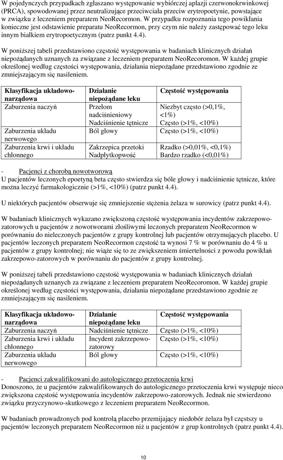 W przypadku rozpoznania tego powikłania konieczne jest odstawienie preparatu NeoRecormon, przy czym nie należy zastępować tego leku innym białkiem erytropoetycznym (patrz punkt 4.4).