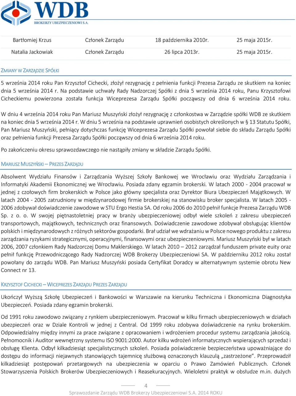 ZMIANY W ZARZĄDZIE SPÓŁKI 5 września 2014 roku Pan Krzysztof Cichecki, złożył rezygnację z pełnienia funkcji Prezesa Zarządu ze skutkiem na koniec dnia 5 września 2014 r.