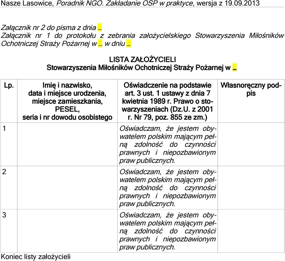 podstawie art. 3 ust. 1 ustawy z dnia 7 kwietnia 1989 r. Prawo o stowarzyszeniach (Dz.U. z 2001 r. Nr 79, poz. 855 ze zm.