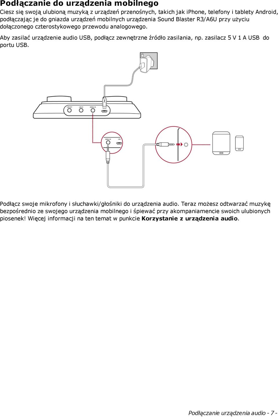 Aby zasilać urządzenie audio USB, podłącz zewnętrzne źródło zasilania, np. zasilacz 5 V 1 A USB do portu USB.