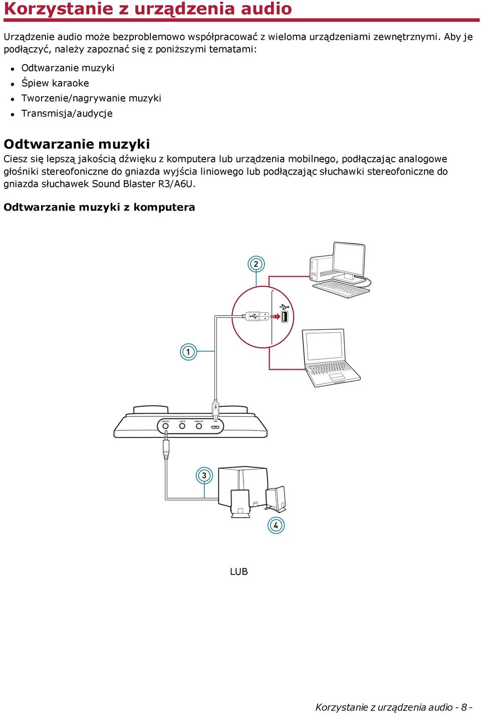 Odtwarzanie muzyki Ciesz się lepszą jakością dźwięku z komputera lub urządzenia mobilnego, podłączając analogowe głośniki stereofoniczne do