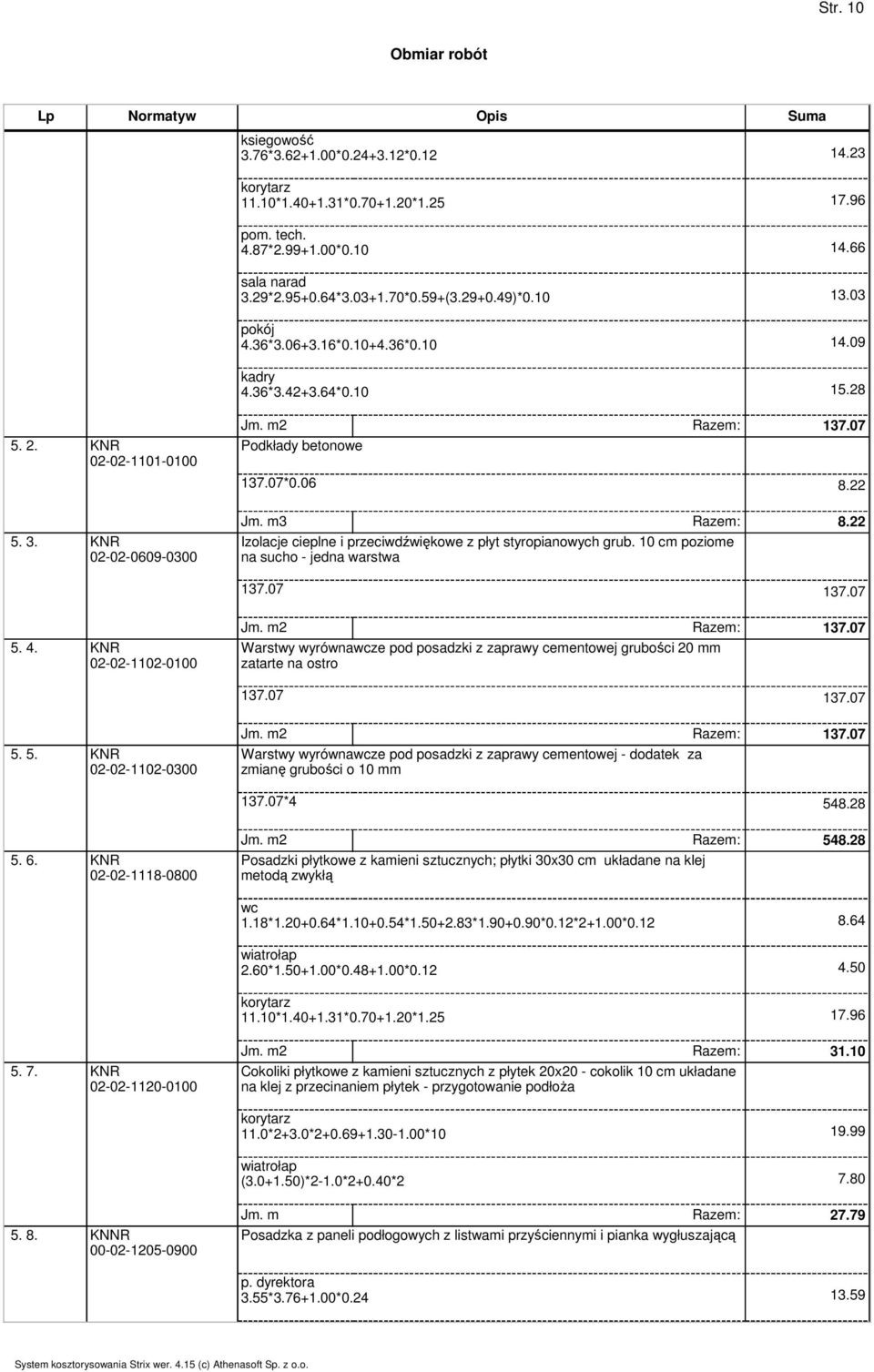 m3 Razem: 8.22 Izolacje cieplne i przeciwdźwiękowe z płyt styropianowych grub. 10 cm poziome na sucho - jedna warstwa 137.07 137.07 5. 4. KNR 02-02-1102-0100 Jm. m2 Razem: 137.