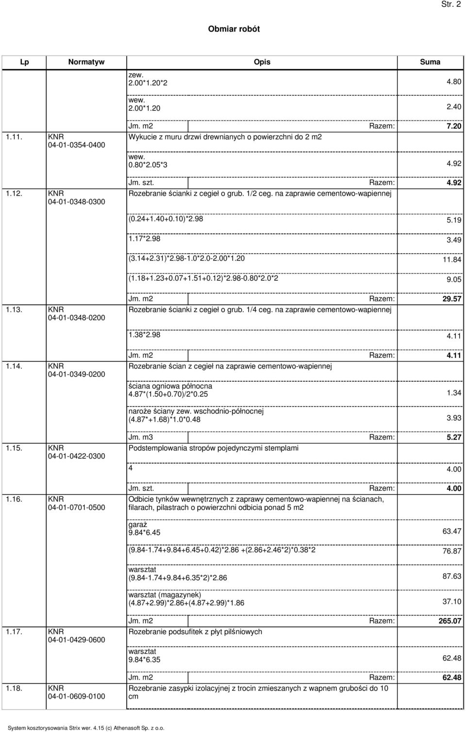 12)*2.98-0.80*2.0*2 9.05 1.13. KNR 04-01-0348-0200 Jm. m2 Razem: 29.57 Rozebranie ścianki z cegieł o grub. 1/4 ceg. na zaprawie cementowo-wapiennej 1.38*2.98 4.11 1.14. KNR 04-01-0349-0200 Jm.