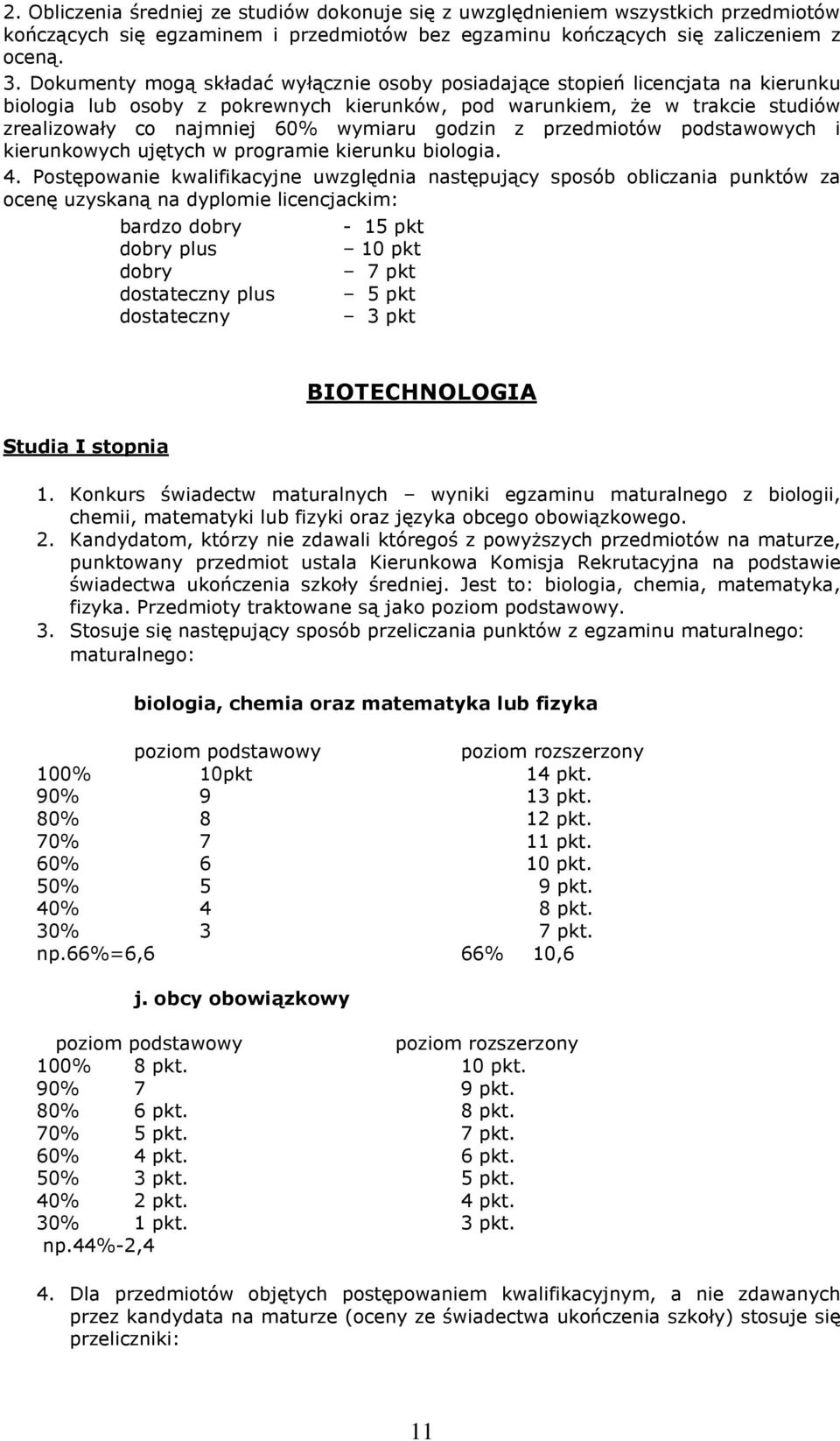 godzin z przedmiotów podstawowych i kierunkowych ujętych w programie kierunku biologia. 4.