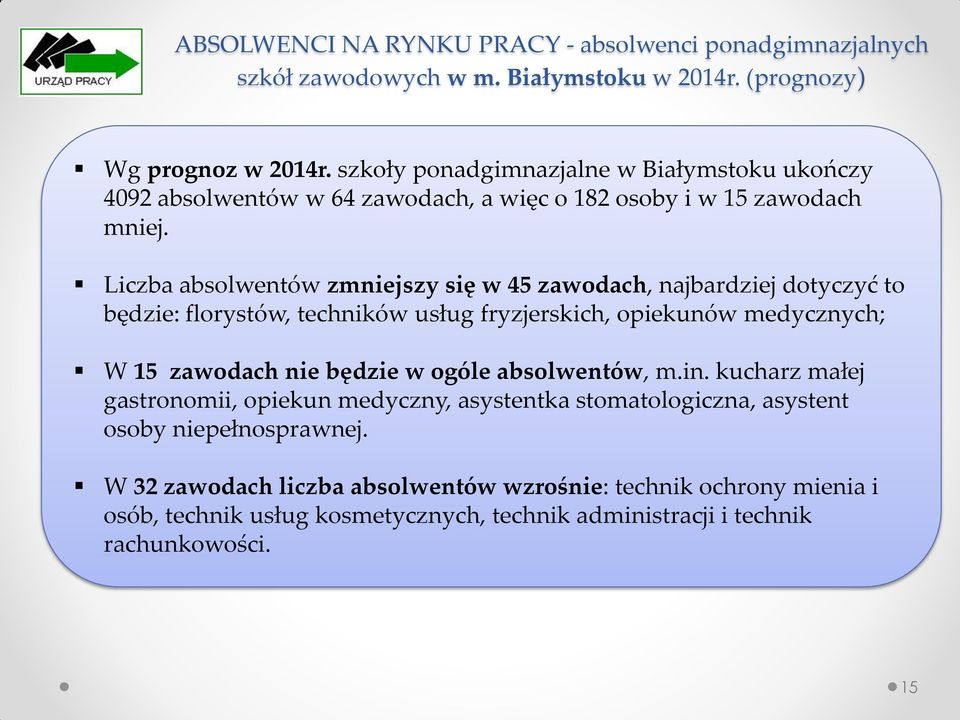 Liczba absolwentów zmniejszy się w 45 zawodach, najbardziej dotyczyć to będzie: florystów, techników usług fryzjerskich, opiekunów medycznych; W 15 zawodach nie będzie w ogóle