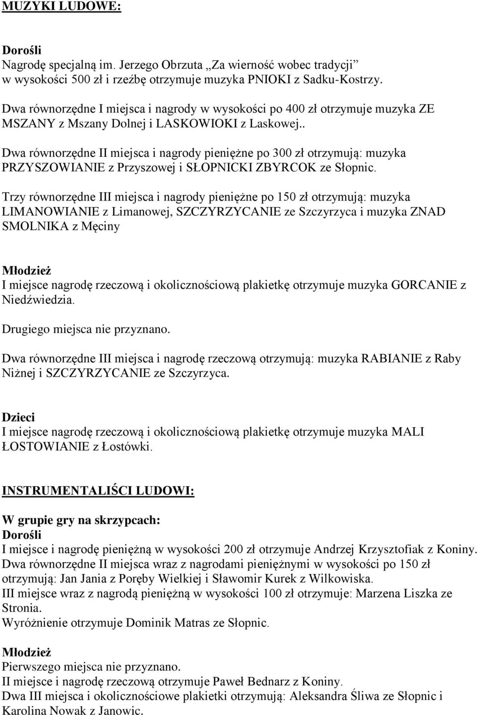 . Dwa równorzędne II miejsca i nagrody pieniężne po 300 zł otrzymują: muzyka PRZYSZOWIANIE z Przyszowej i SŁOPNICKI ZBYRCOK ze Słopnic.