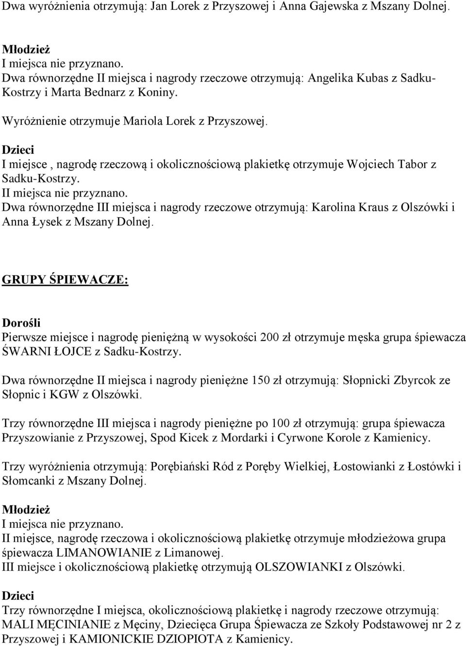 I Dwa równorzędne III miejsca i nagrody rzeczowe otrzymują: Karolina Kraus z Olszówki i Anna Łysek z Mszany Dolnej.