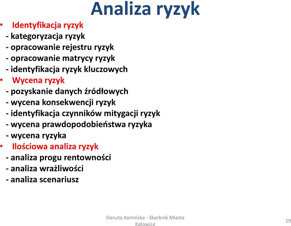 konsekwencji ryzyk - identyfikacja czynników mitygacji ryzyk - wycena prawdopodobieństwa ryzyka -