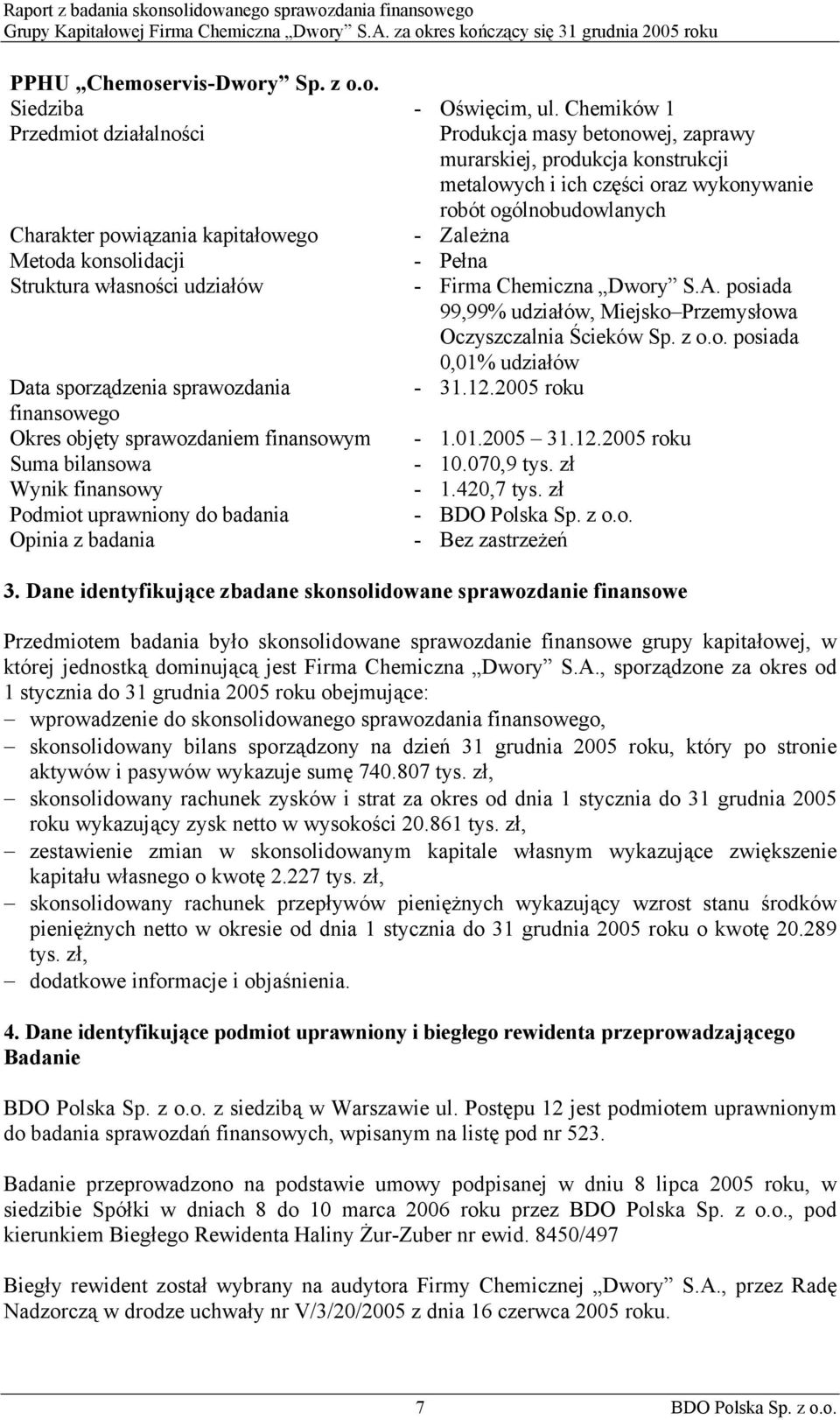 kapitałowego - Zależna Metoda konsolidacji - Pełna Struktura własności udziałów - Firma Chemiczna Dwory S.A. posiada 99,99% udziałów, Miejsko Przemysłowa Oczyszczalnia Ścieków Sp. z o.o. posiada 0,01% udziałów Data sporządzenia sprawozdania - 31.