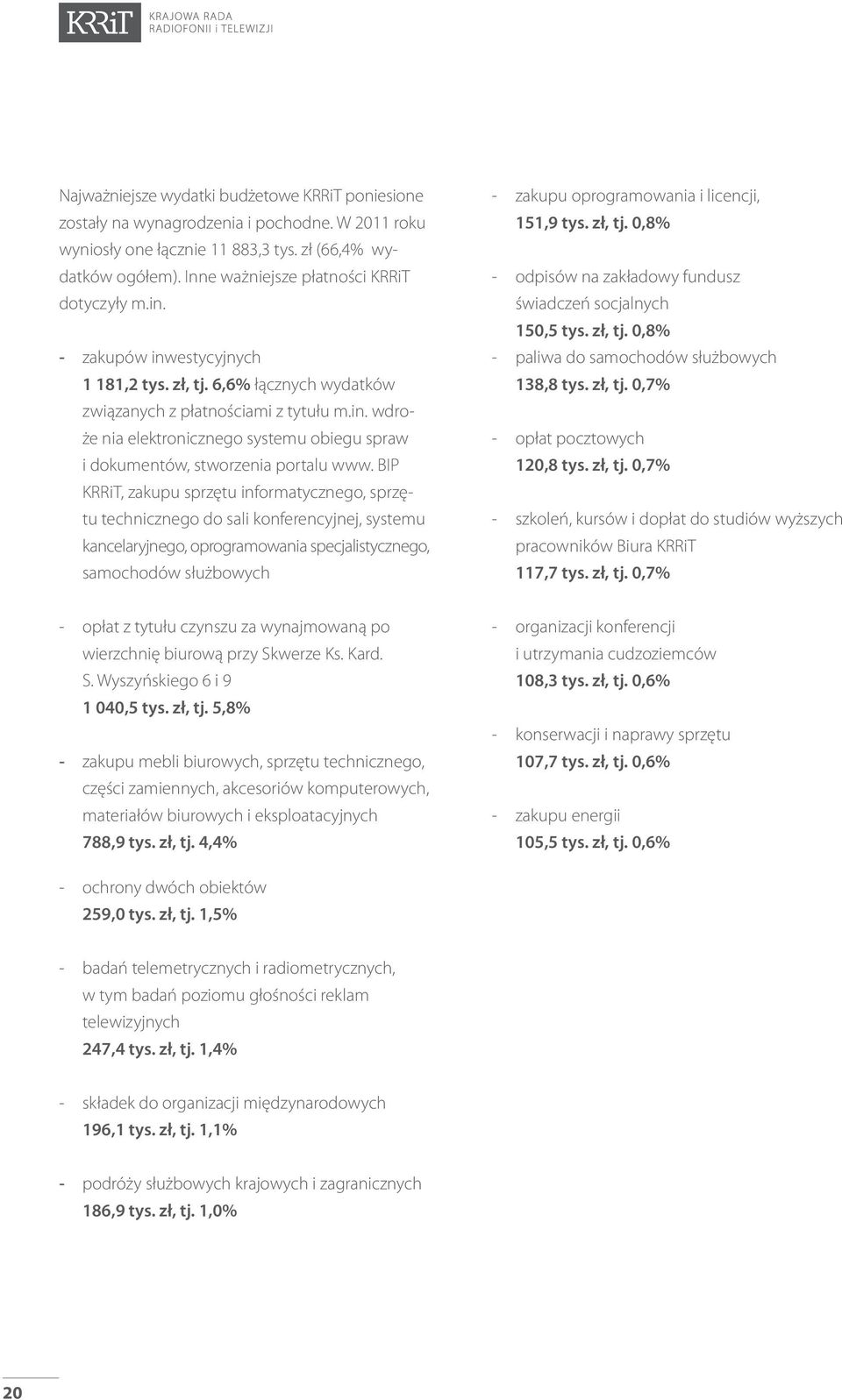 BIP KRRiT, zakupu sprzętu informatycznego, sprzętu technicznego do sali konferencyjnej, systemu kancelaryjnego, oprogramowania specjalistycznego, samochodów służbowych - zakupu oprogramowania i