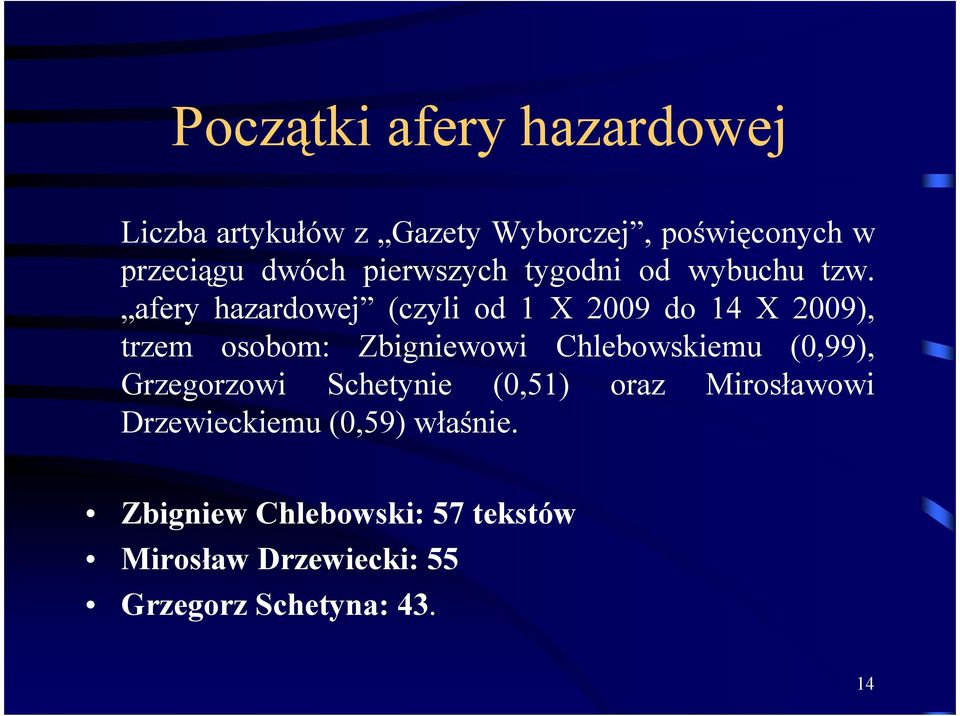 afery hazardowej (czyli od 1 X 2009 do 14 X 2009), trzem osobom: Zbigniewowi Chlebowskiemu