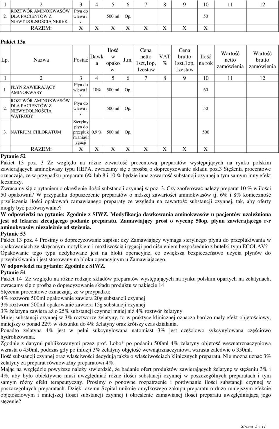 v. 500 ml Op. 50 Sterylny płyn do 3. NATRIUM CHLORATUM przepłuk 0,9 500 ml Op. 500 iwania/ir ygacji Pytanie 52 Pakiet 13 poz.