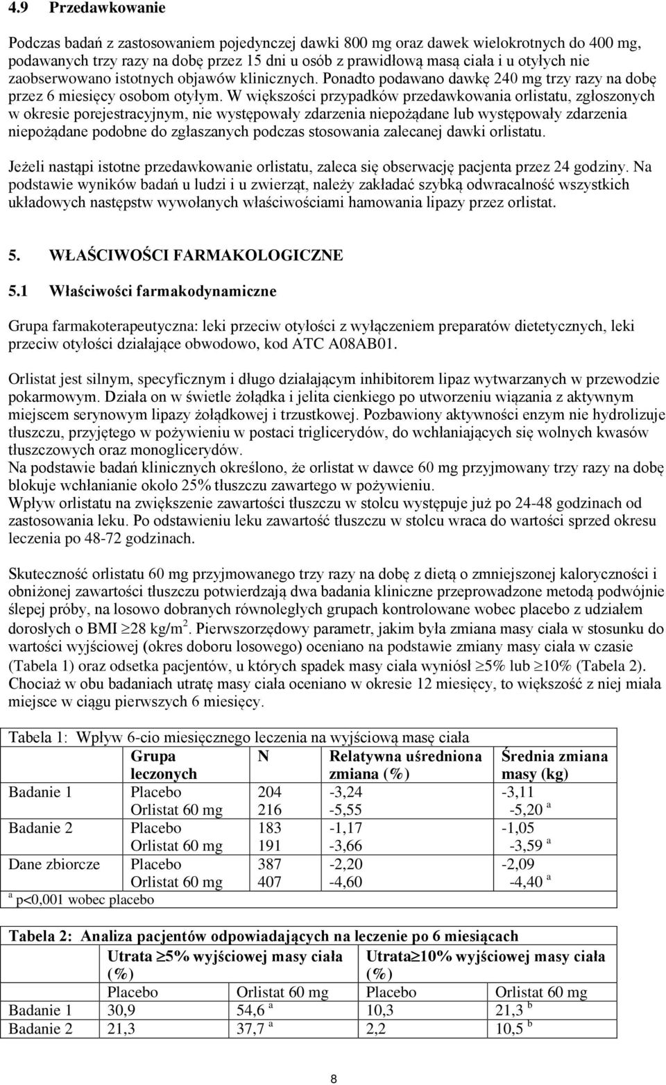 W większości przypadków przedawkowania orlistatu, zgłoszonych w okresie porejestracyjnym, nie występowały zdarzenia niepożądane lub występowały zdarzenia niepożądane podobne do zgłaszanych podczas