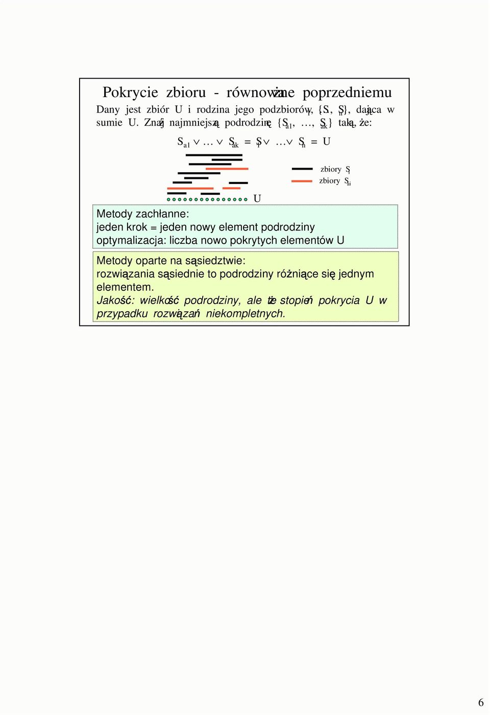 element podrodziny optymalizacja: liczba nowo pokrytych elementów U Metody oparte na s siedztwie: rozwi zania s siednie to