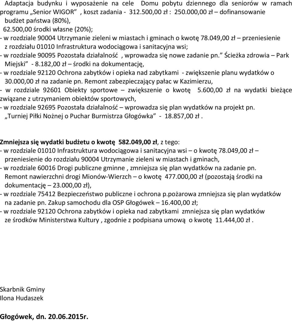 049,00 zł przeniesienie z rozdziału 01010 Infrastruktura wodociągowa i sanitacyjna wsi; - w rozdziale Pozostała działalność, wprowadza się nowe zadanie pn. Ścieżka zdrowia Park Miejski - 8.