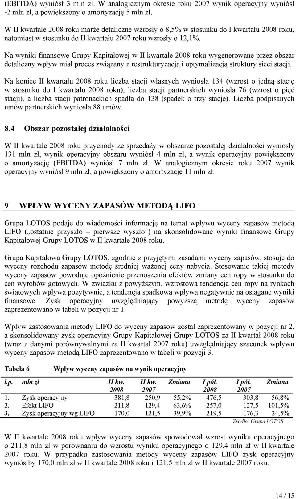 Na wyniki finansowe Grupy Kapitałowej w II kwartale 2008 roku wygenerowane przez obszar detaliczny wpływ miał proces związany z restrukturyzacją i optymalizacją struktury sieci stacji.