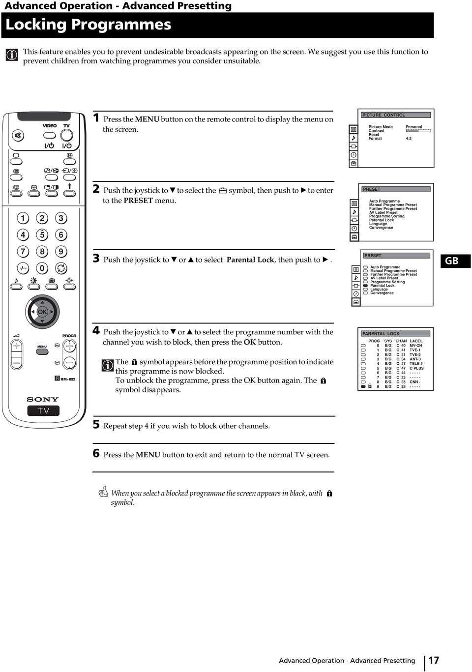 PICTURE CONTROL Picture Mode Contrast Reset Format Personal : Push the joystick to $ to select the symbol, then push to z to enter to the PREET menu.