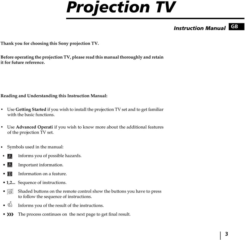 Use Advanced Operati if you wish to know more about the additional features of the projection set. ymbols used in the manual: Informs you of possible hazards. Important information.