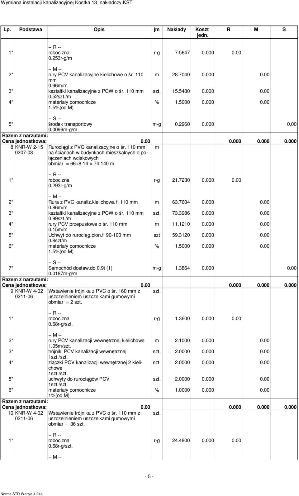 110 na ścianach w budynkach ieszkalnych o połączeniach wciskowych obiar = 66+8.14 = 74.140 0.293r-g/ 2* Rura z PVC kanaliz.kielichowa fi 110 0.86/ 3* kształtki kanalizacyjne z PCW o śr. 110 0.99/ 4* rury PCV przepustowe o śr.